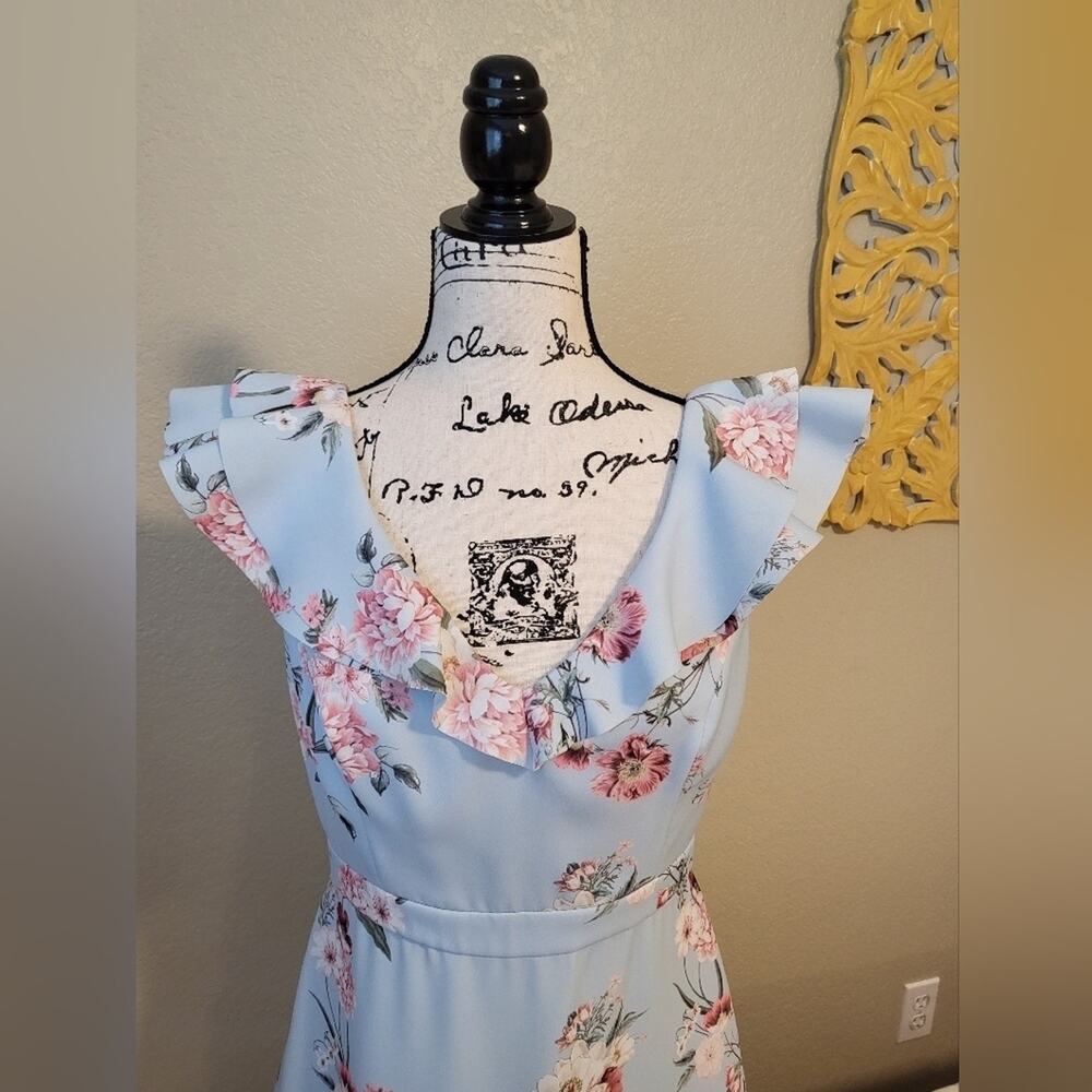 Forever New Powder Blue Floral Print Ruffle Trim Dress, Size 8